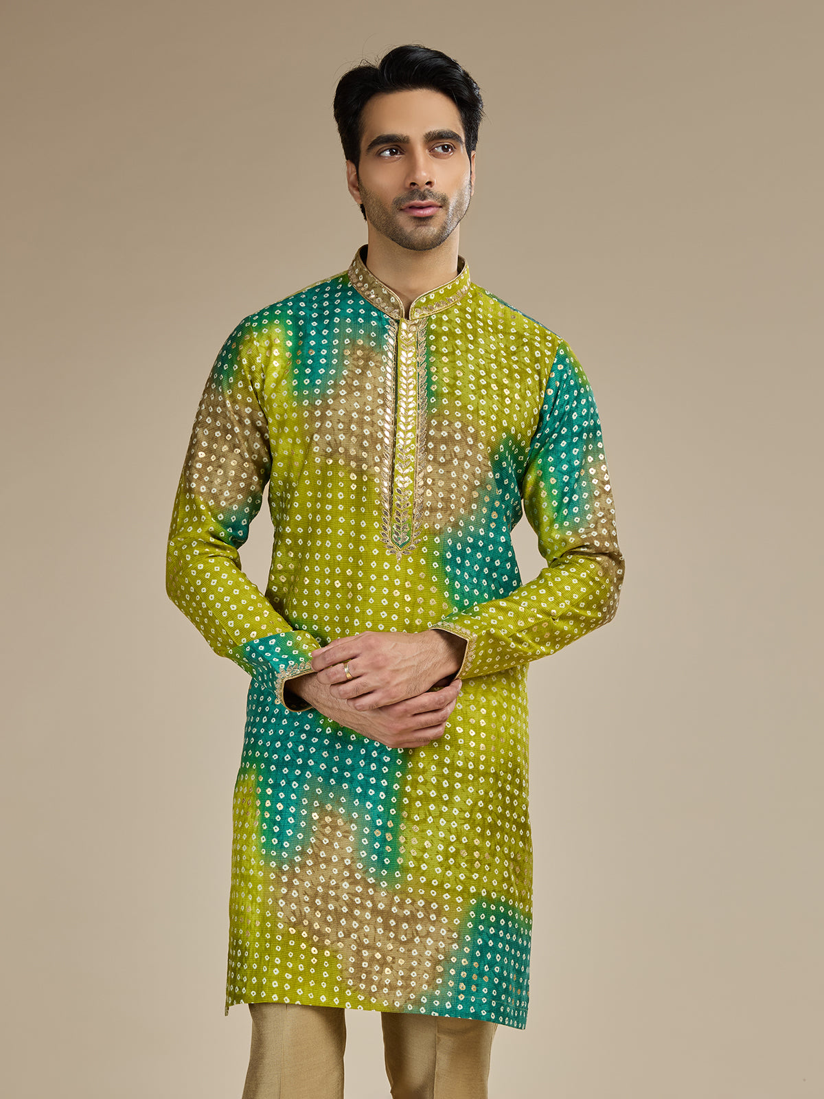 Green mens bandhani zari georgette silk kurta pajama