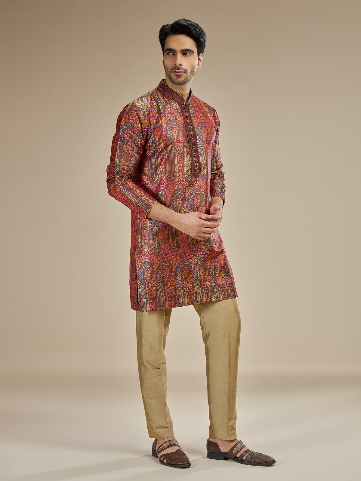 Deep maroon mens kashmiri jamawar modal kurta suit