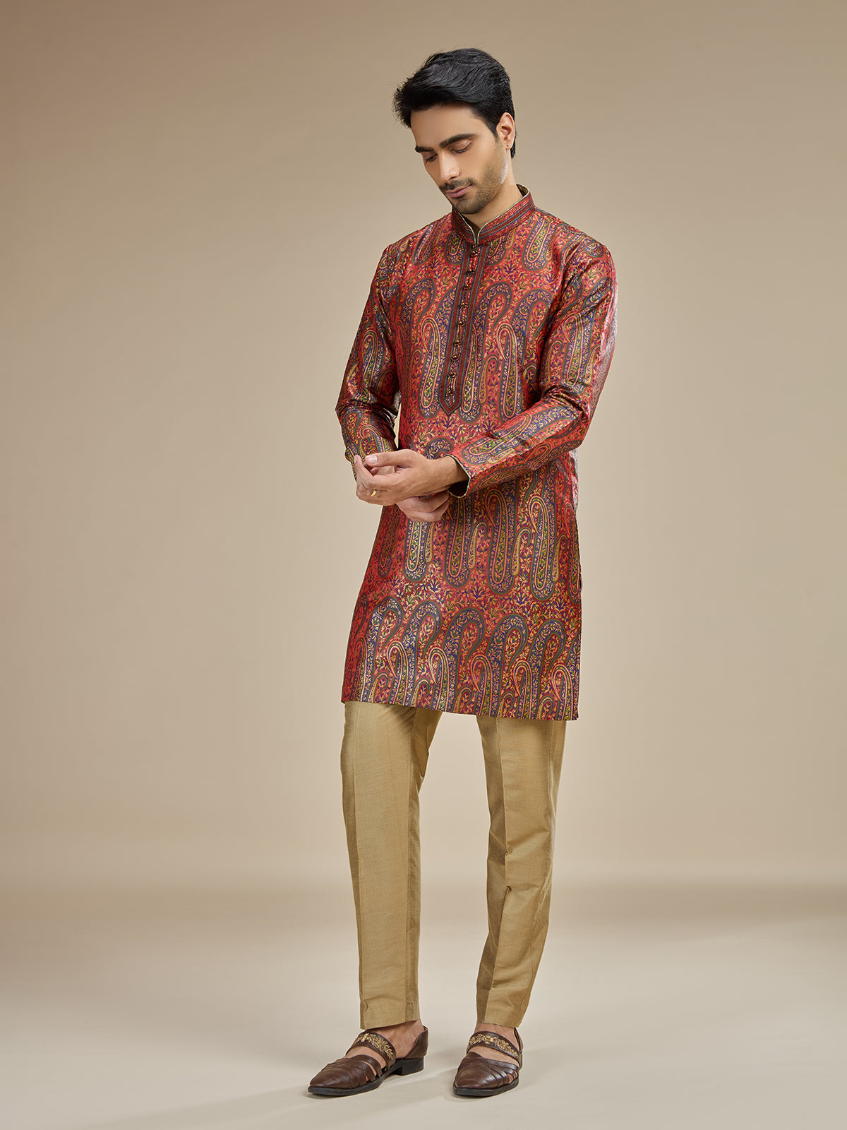 Deep maroon mens kashmiri jamawar modal kurta suit