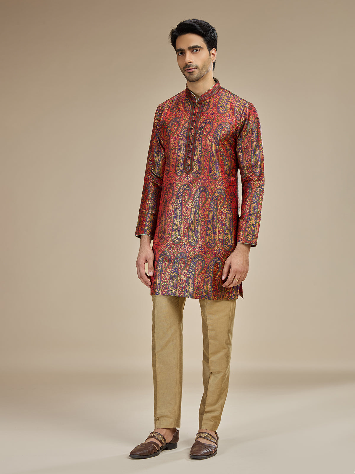 Deep maroon mens kashmiri jamawar modal kurta suit