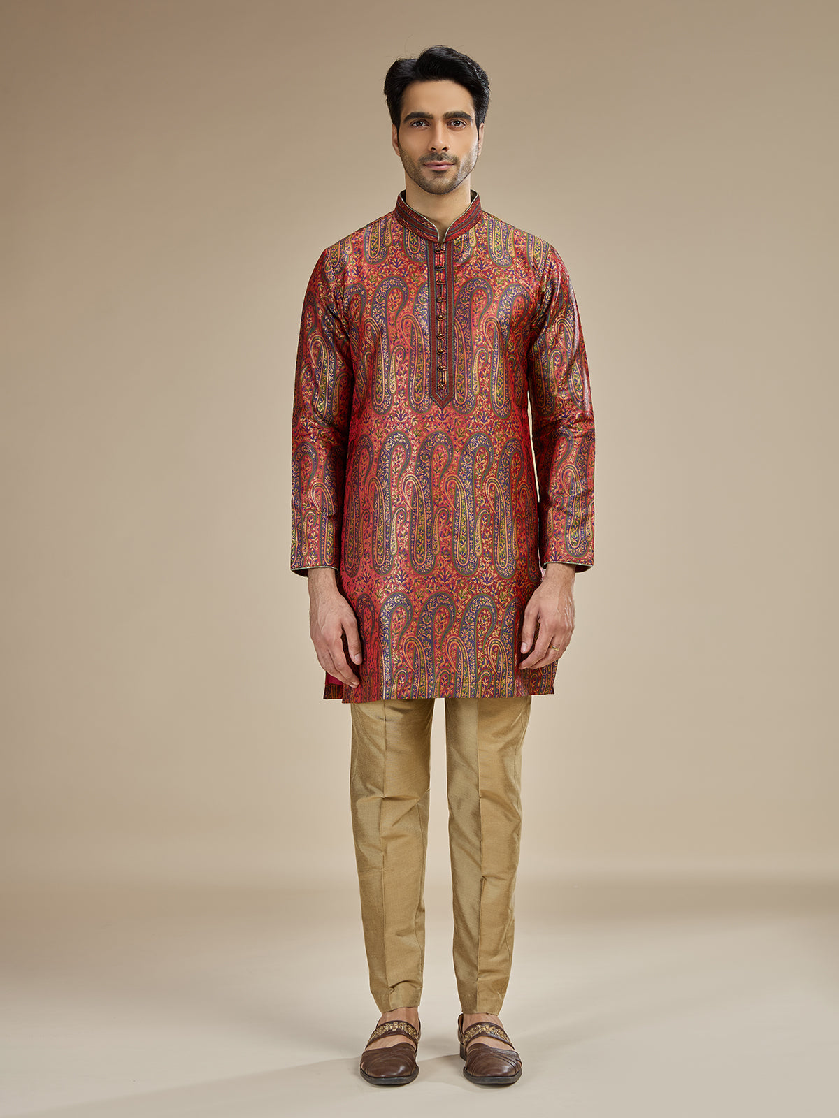 Deep maroon mens kashmiri jamawar modal kurta suit