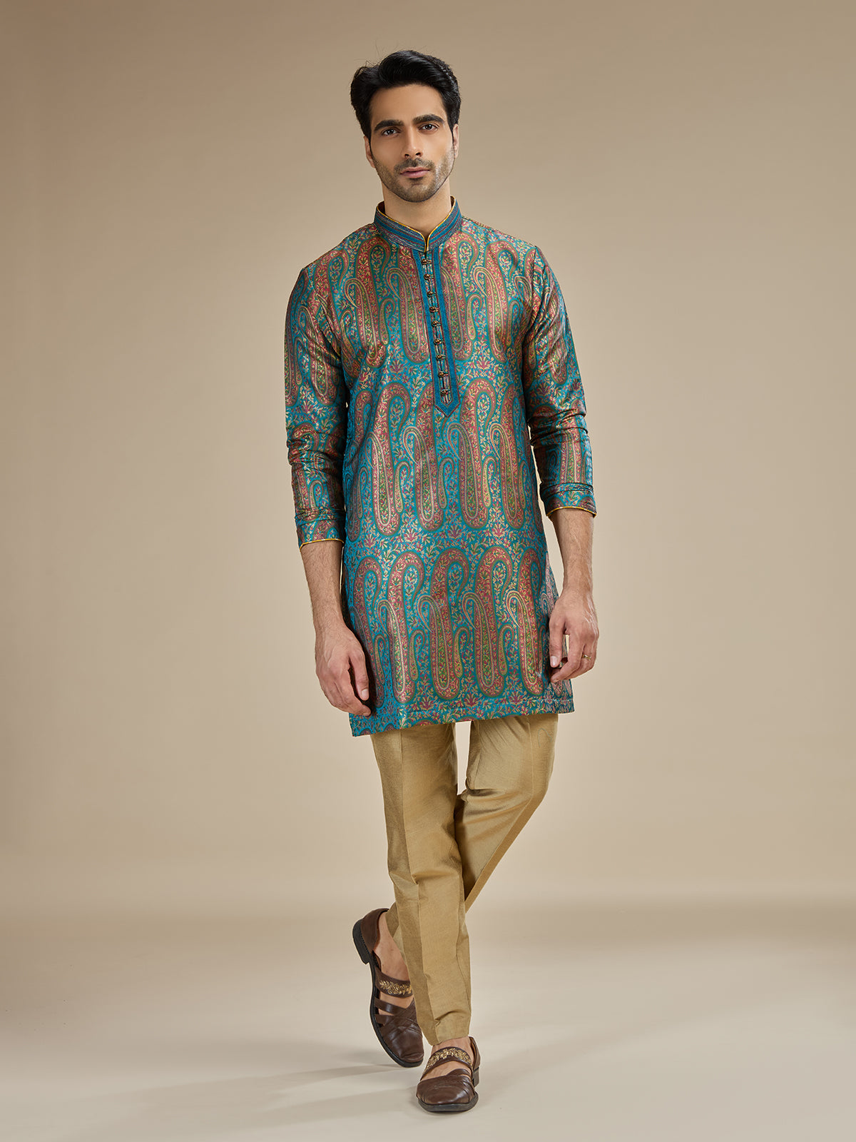 Turquoise blue mens kashmiri botanical modal kurta pajama