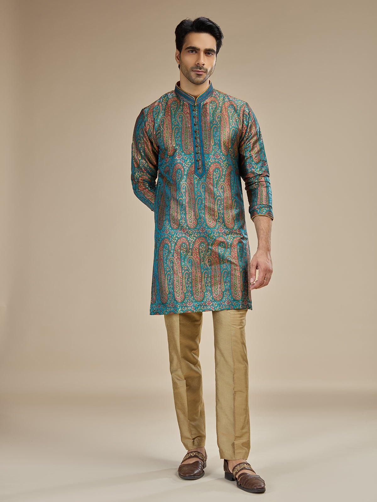 Turquoise blue mens kashmiri botanical modal kurta pajama