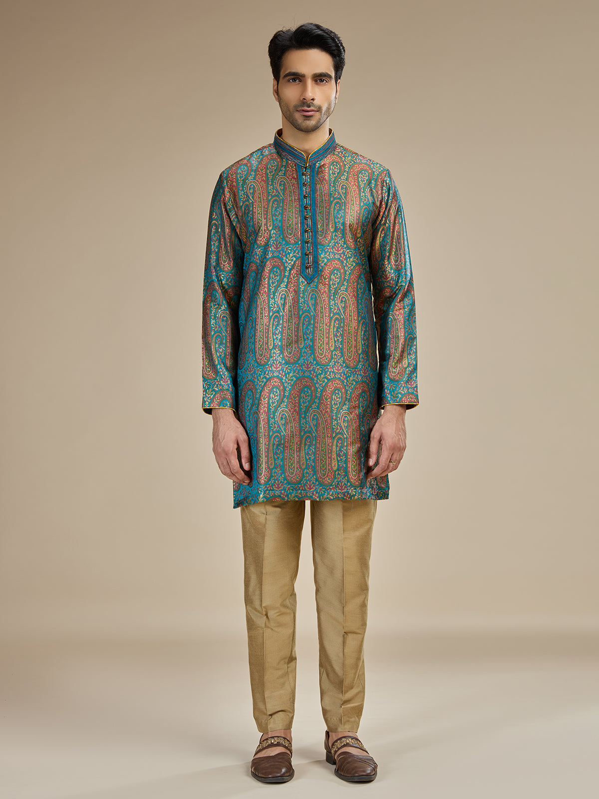 Turquoise blue mens kashmiri botanical modal kurta pajama