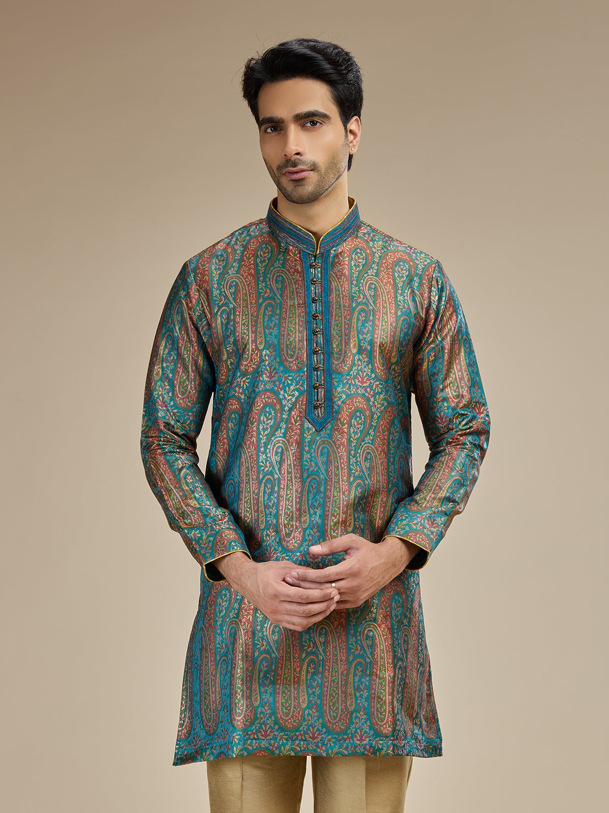 Turquoise blue mens kashmiri botanical modal kurta pajama