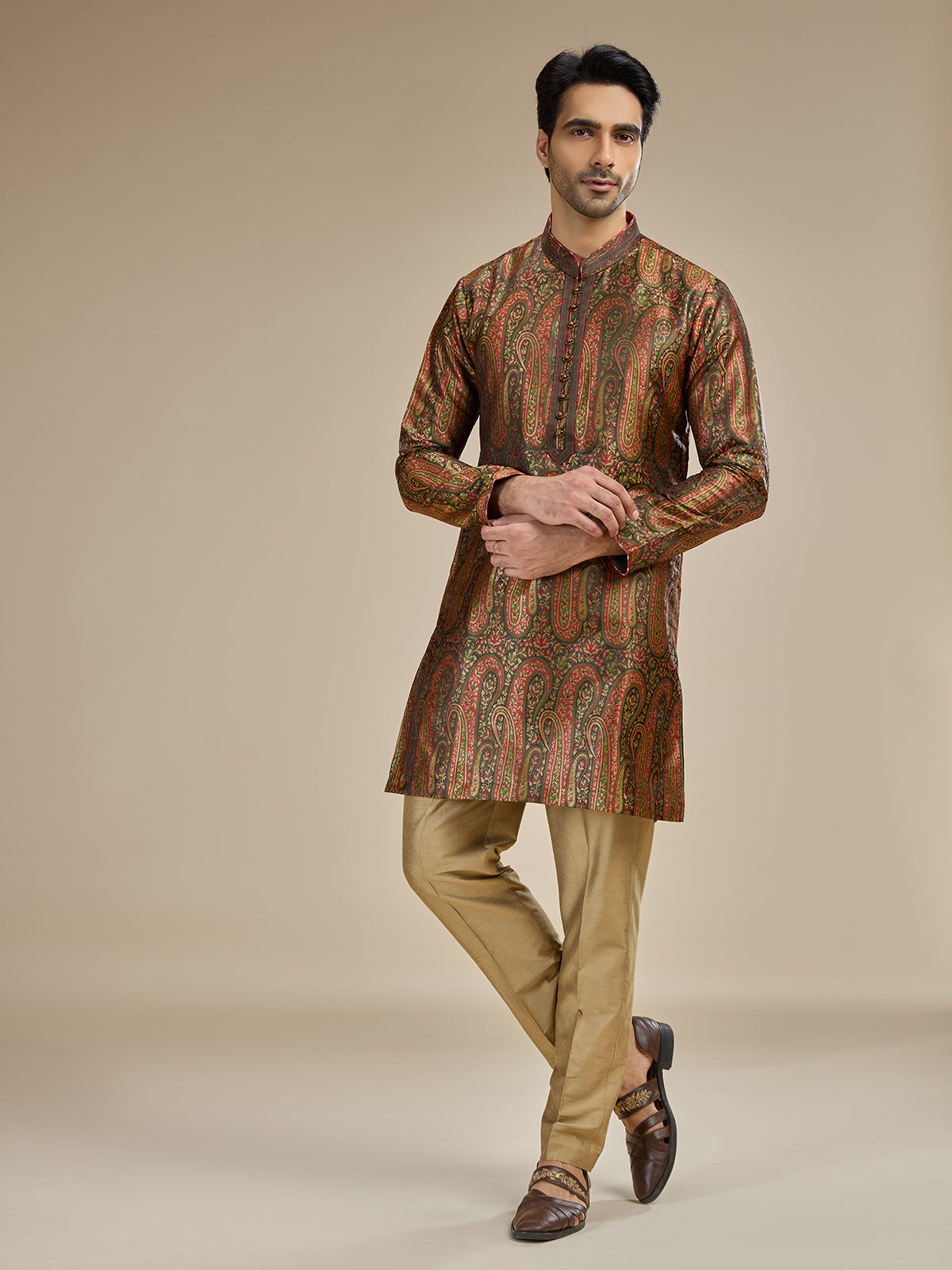 Beige olive mens heritage kashmiri modal kurta suit