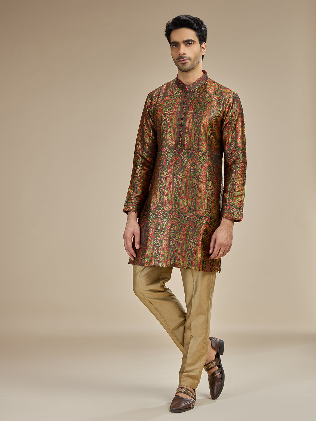 Beige olive mens heritage kashmiri modal kurta suit