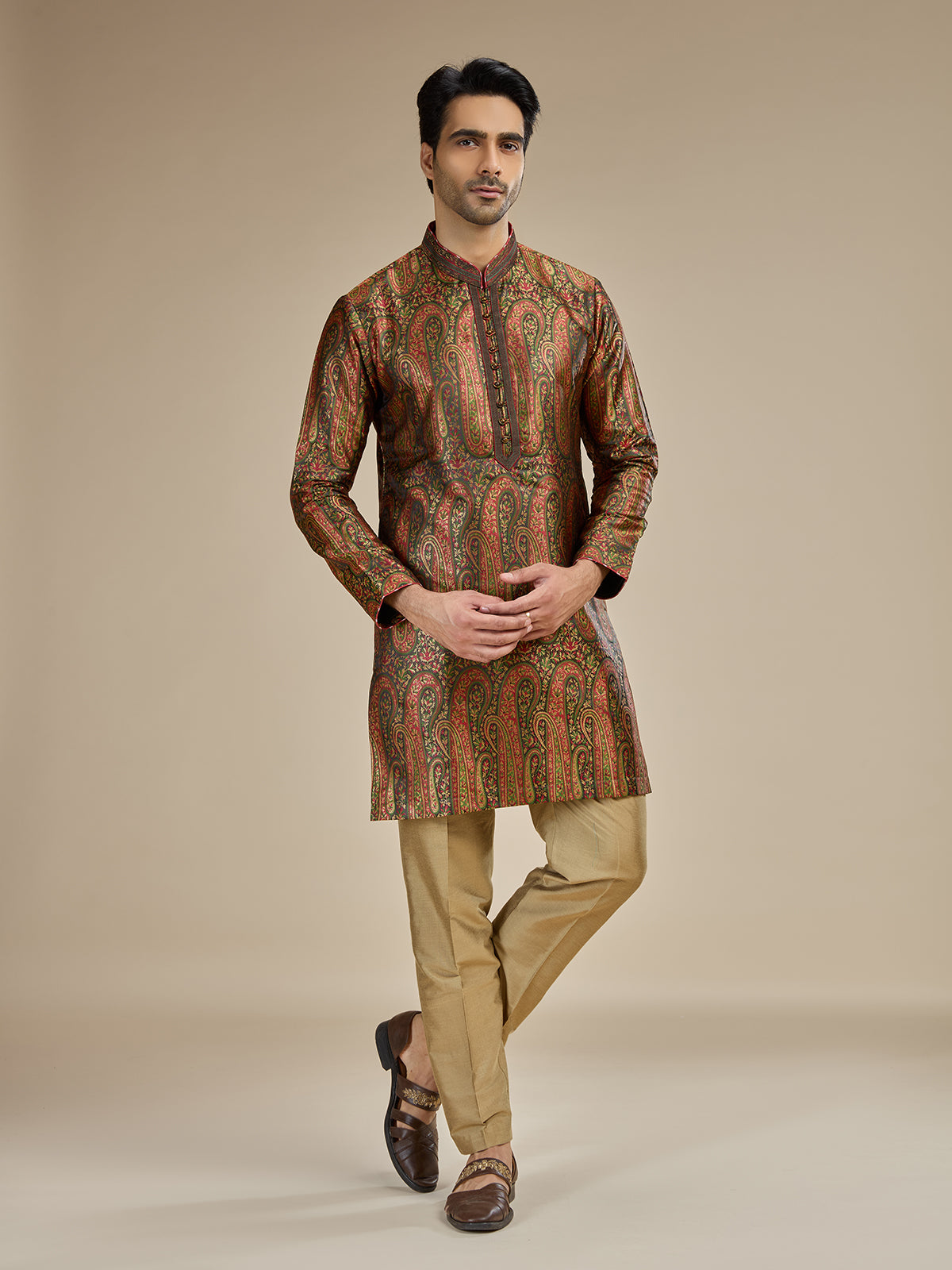 Beige olive mens heritage kashmiri modal kurta suit