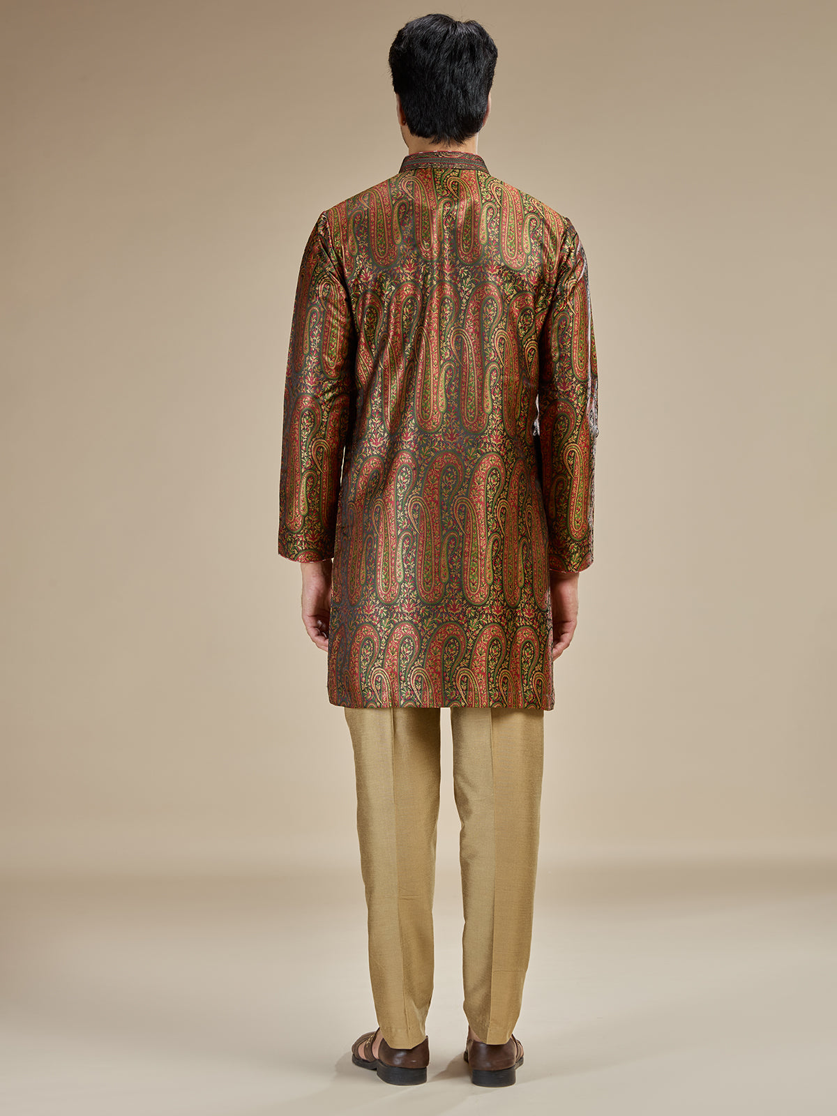 Beige olive mens heritage kashmiri modal kurta suit