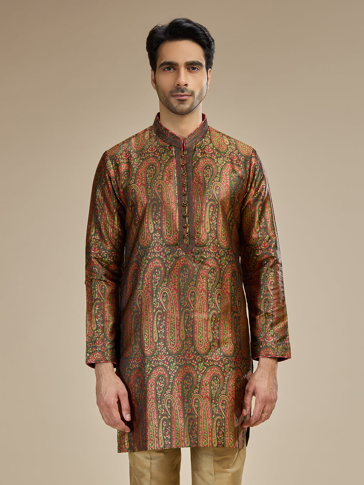 Beige olive mens heritage kashmiri modal kurta suit
