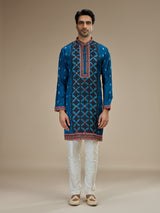 Blue mens gujarati abhla embroidered satin linen kurta pajama