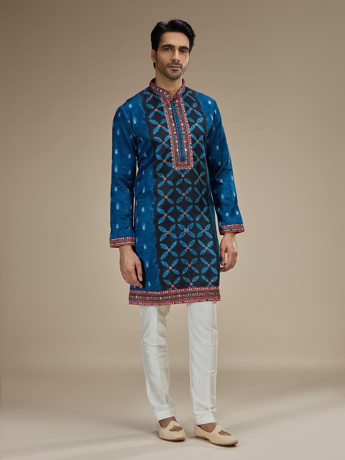 Blue mens gujarati abhla embroidered satin linen kurta pajama