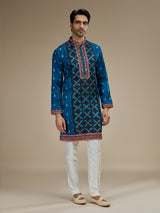Blue mens gujarati abhla embroidered satin linen kurta pajama