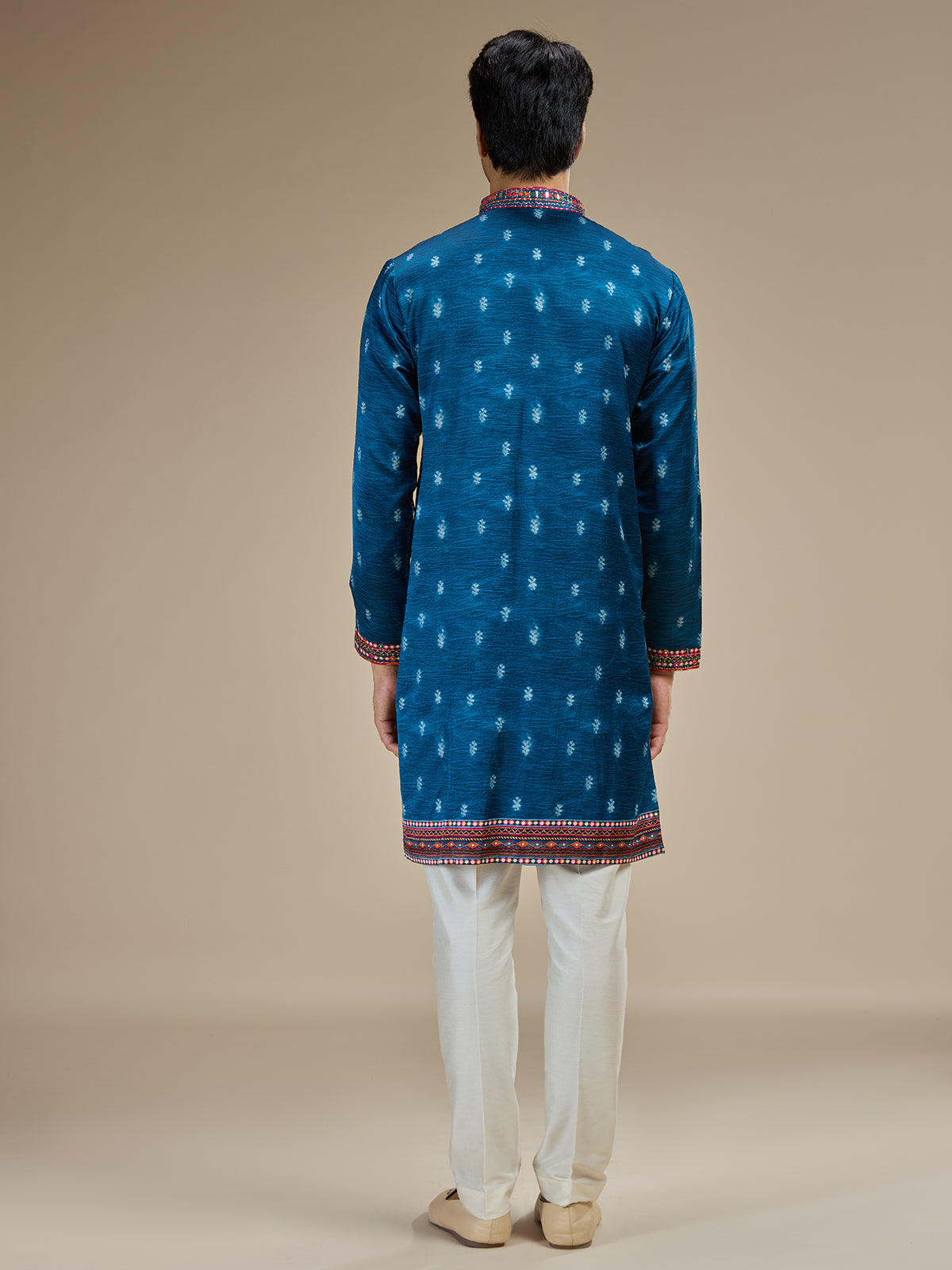 Blue mens gujarati abhla embroidered satin linen kurta pajama