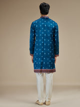 Blue mens gujarati abhla embroidered satin linen kurta pajama