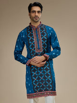 Blue mens gujarati abhla embroidered satin linen kurta pajama