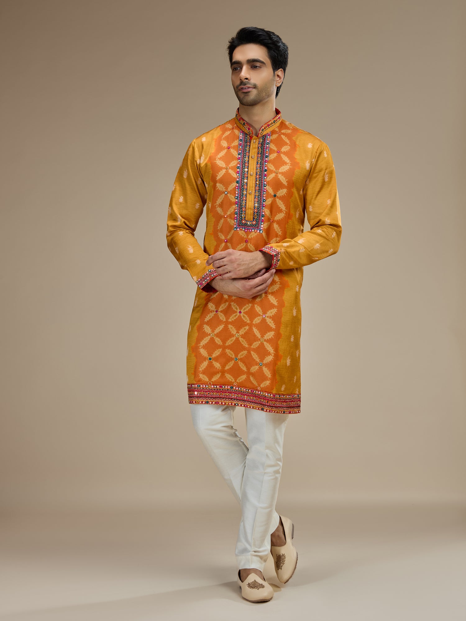 Mustard yellow mens gujarati resham satin linen kurta suit