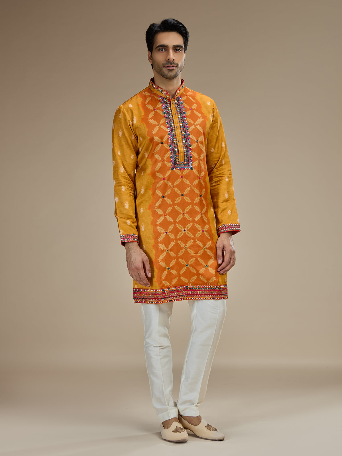 Mustard yellow mens gujarati resham satin linen kurta suit
