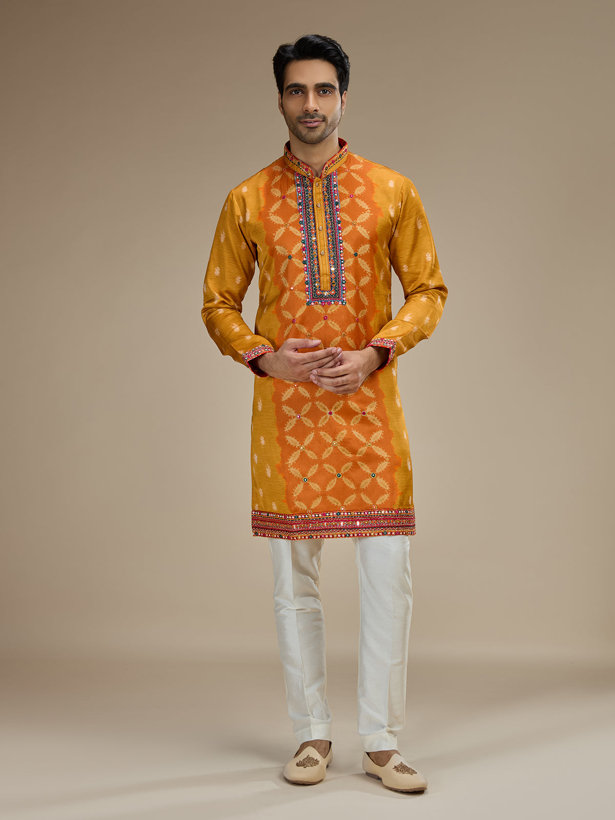 Mustard yellow mens gujarati resham satin linen kurta suit