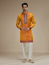 Mustard yellow mens gujarati resham satin linen kurta suit