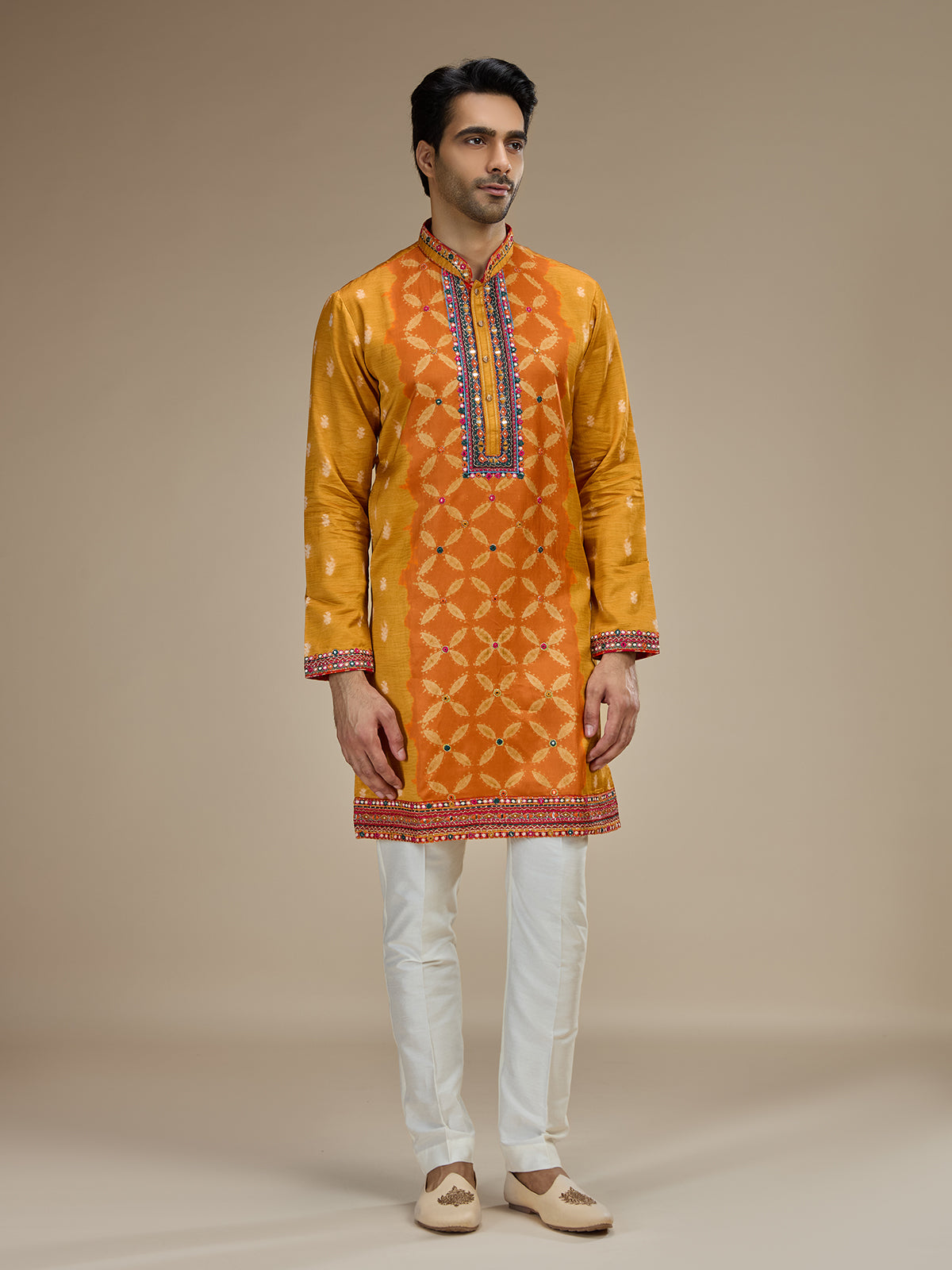 Mustard yellow mens gujarati resham satin linen kurta suit