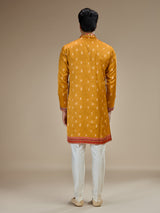 Mustard yellow mens gujarati resham satin linen kurta suit