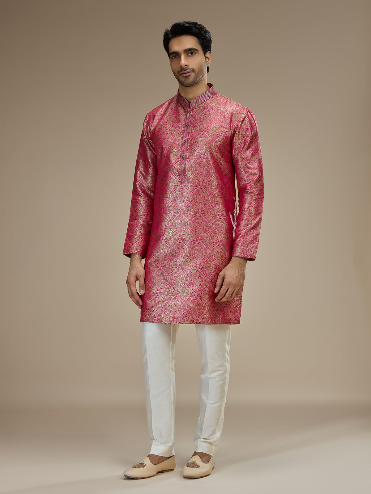 Pink mens heritage floral banarasi  brocade kurta pajama