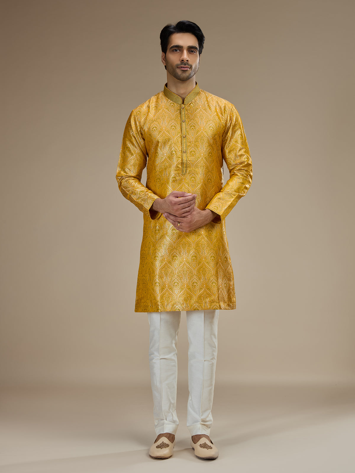 Yellow mens classic floral banarasi  brocade kurta suit