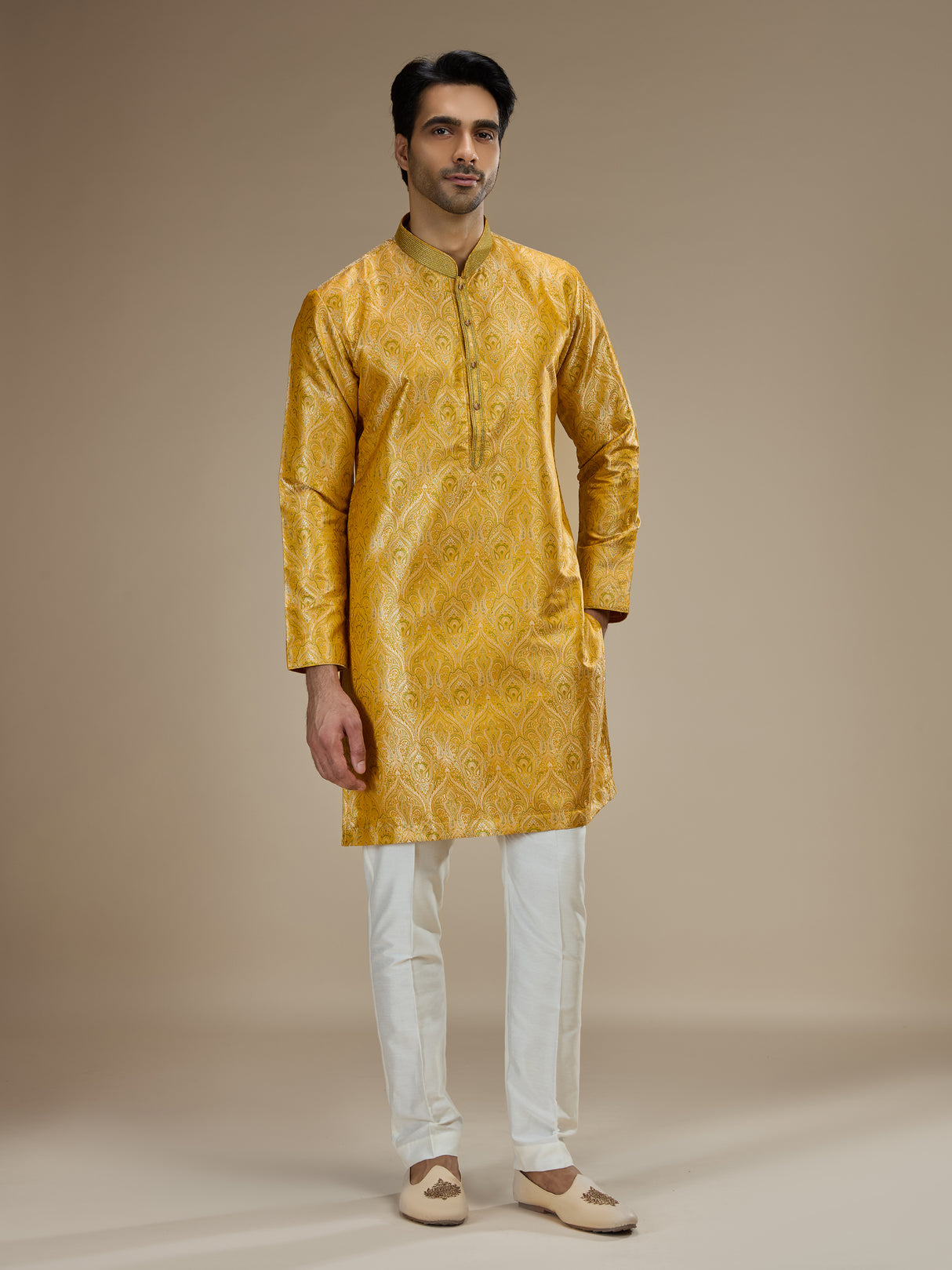 Yellow mens classic floral banarasi  brocade kurta suit