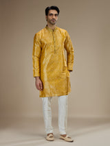 Yellow mens classic floral banarasi  brocade kurta suit