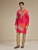Pink mens bandhani zari georgette kurta pajama