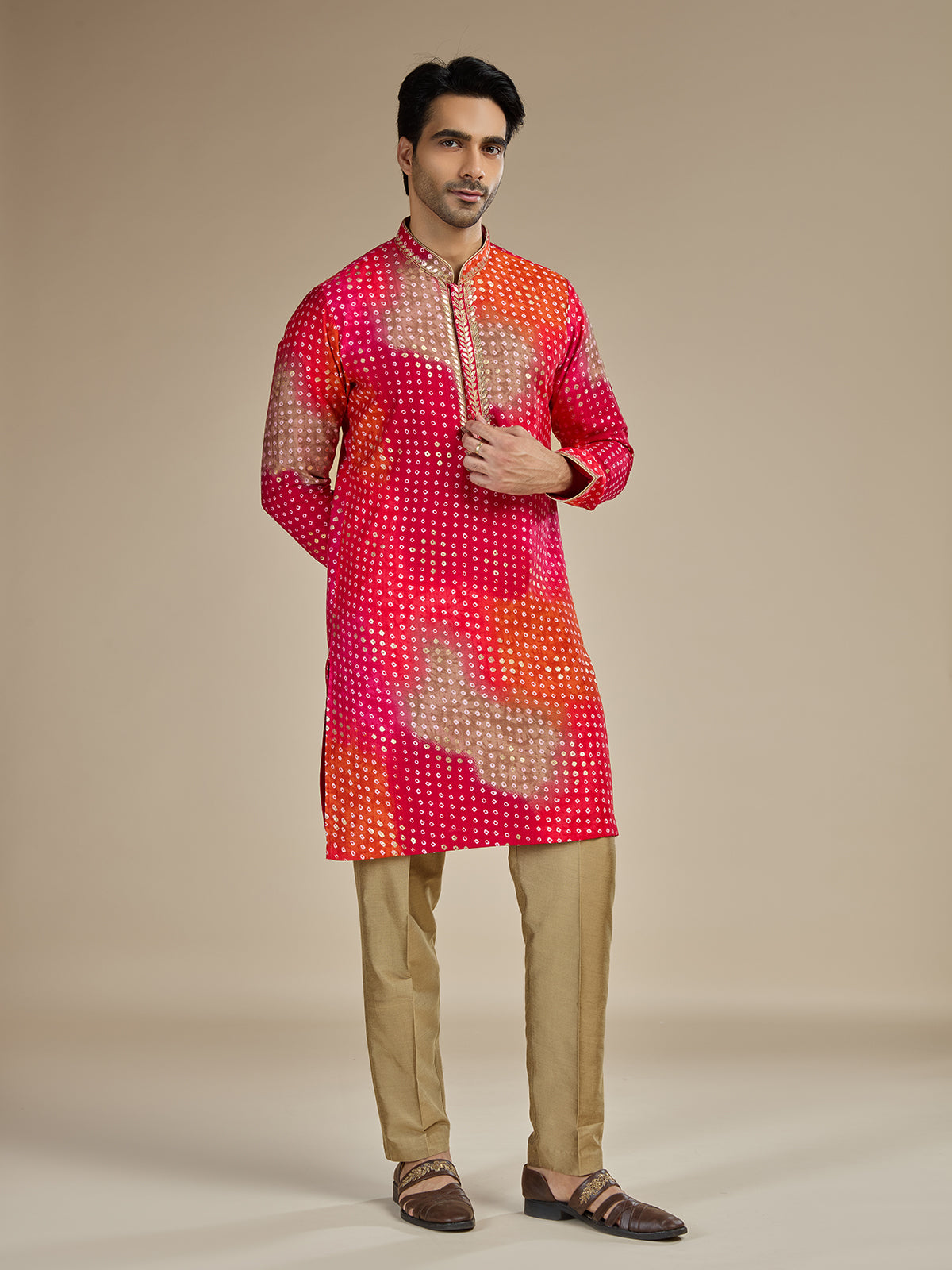 Pink mens bandhani zari georgette kurta pajama