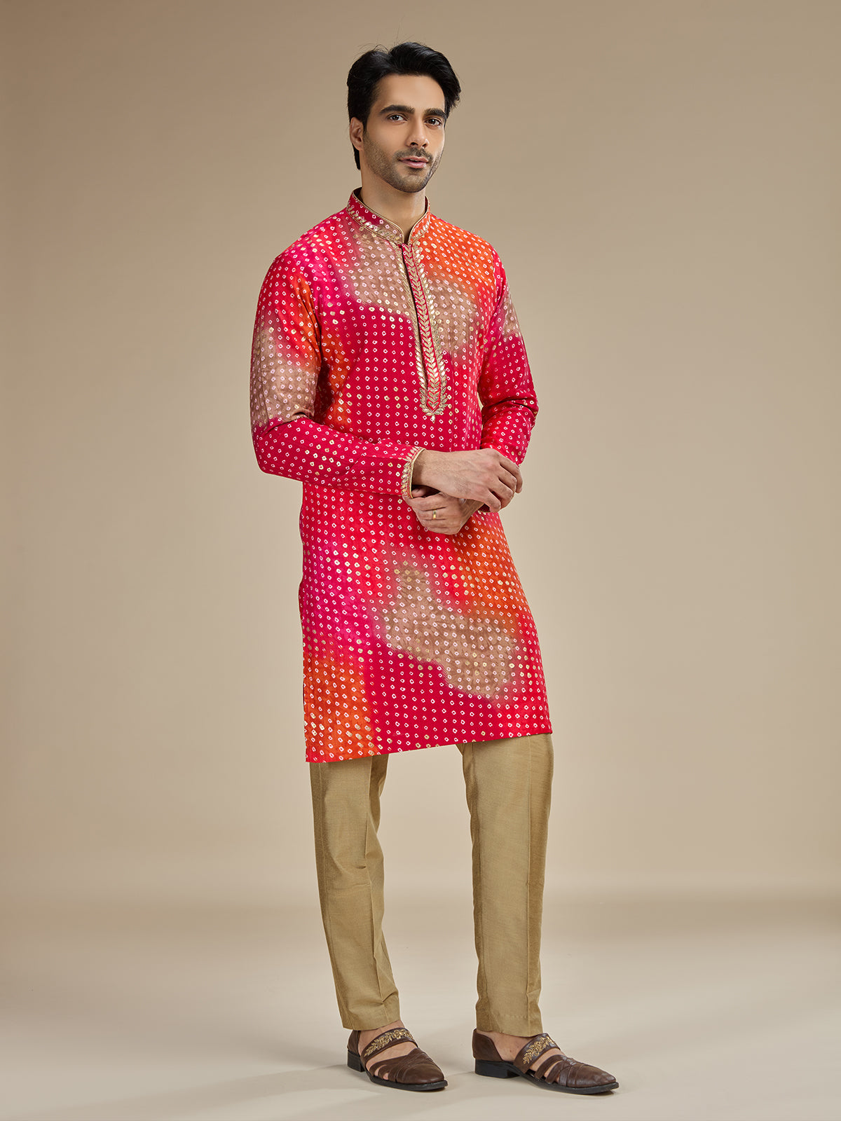 Pink mens bandhani zari georgette kurta pajama
