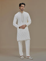 Off white royal paisley silk kurta suit for men