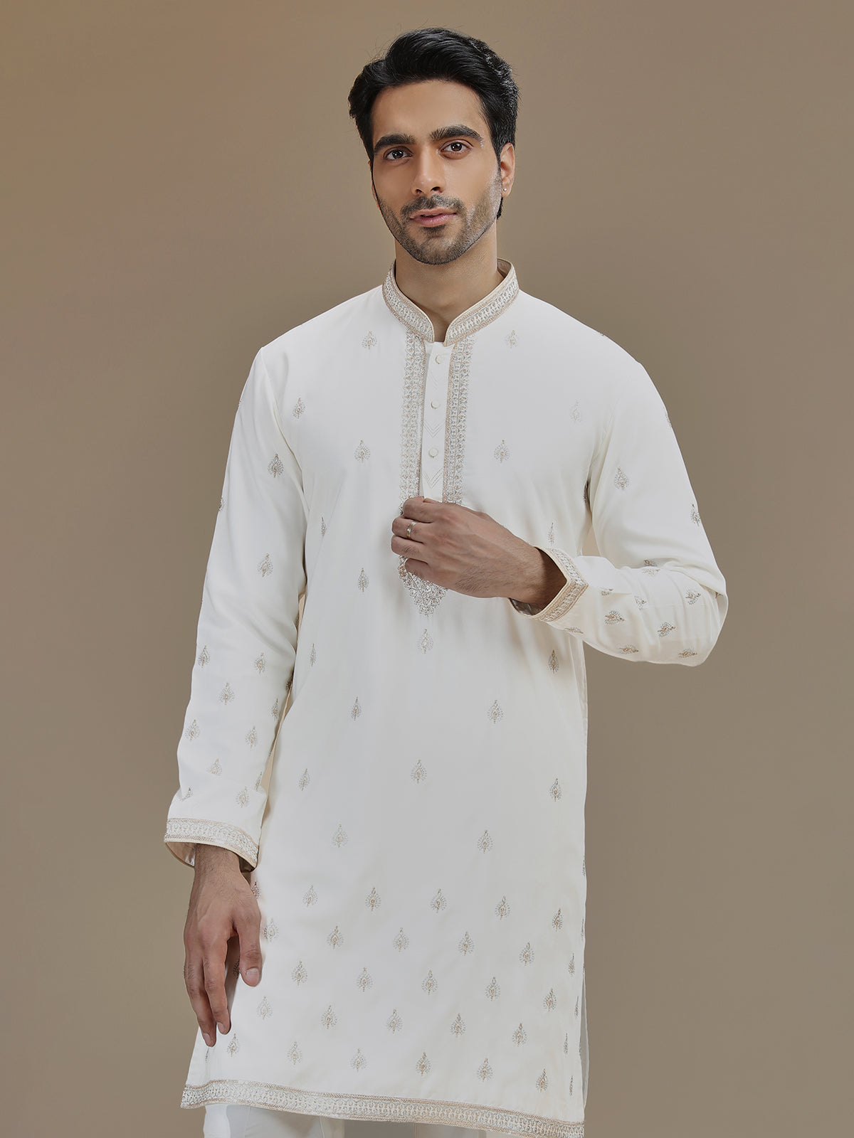Off white royal paisley silk kurta suit for men