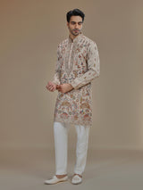 Beige heritage Shikargah art silk kurta suit for men