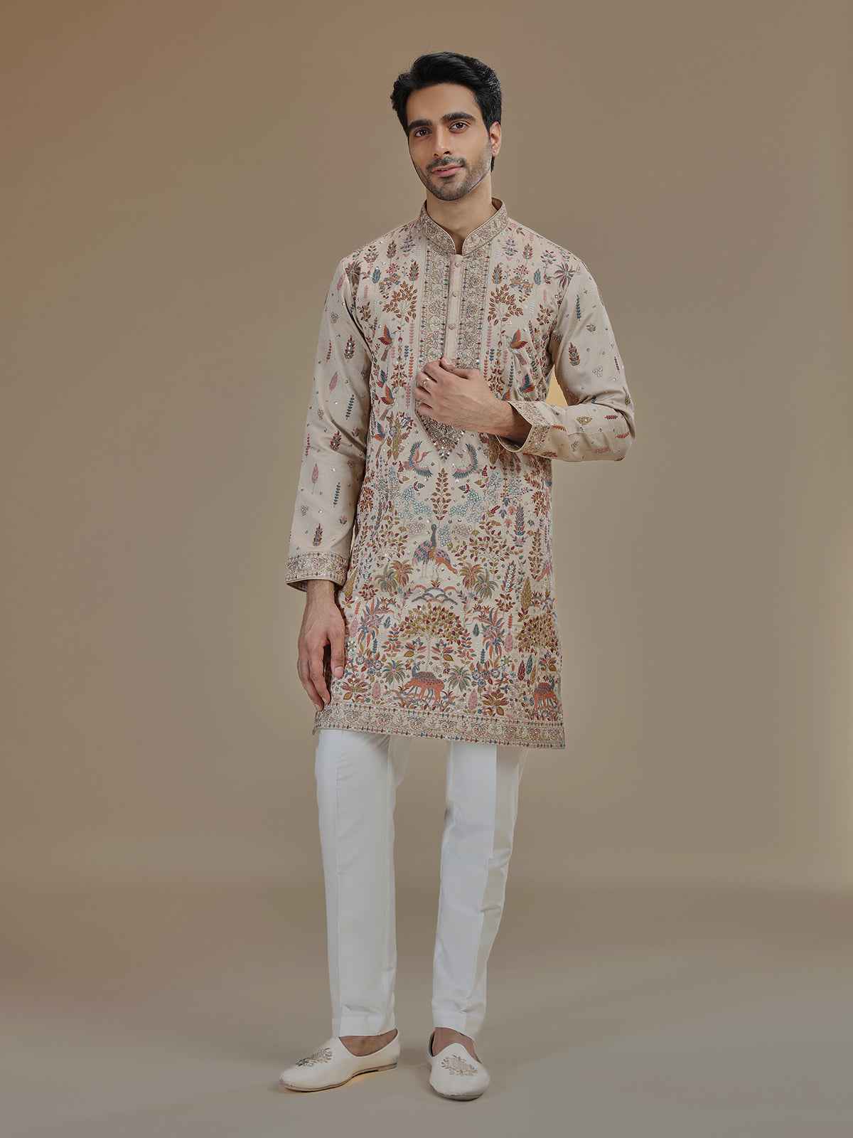 Beige heritage Shikargah art silk kurta suit for men