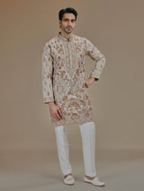 Beige heritage Shikargah art silk kurta suit for men
