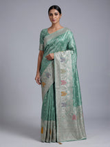 Mint blue silk saree with elegant peacock motif work