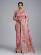 Pink silk saree with graceful peacock motif embellishments