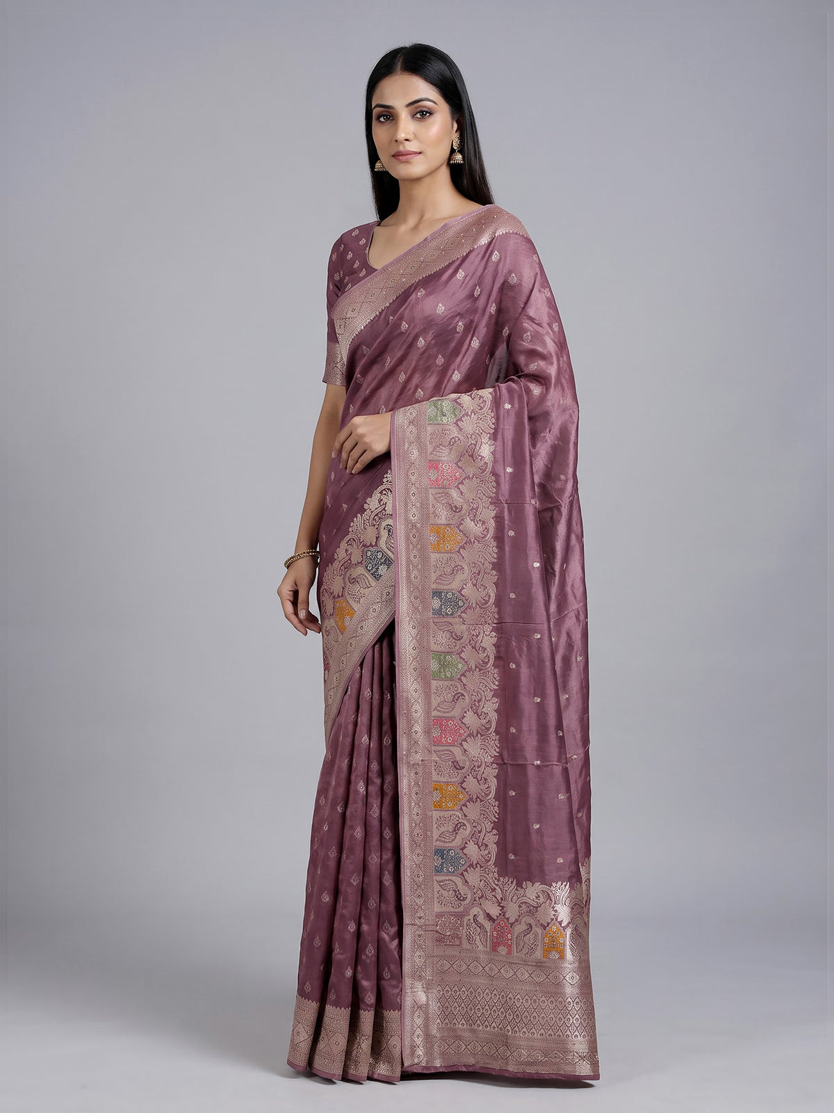 Mauve purple silk saree with rich peacock motif detailing