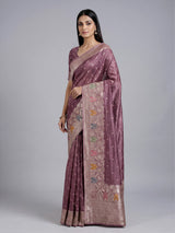 Mauve purple silk saree with rich peacock motif detailing