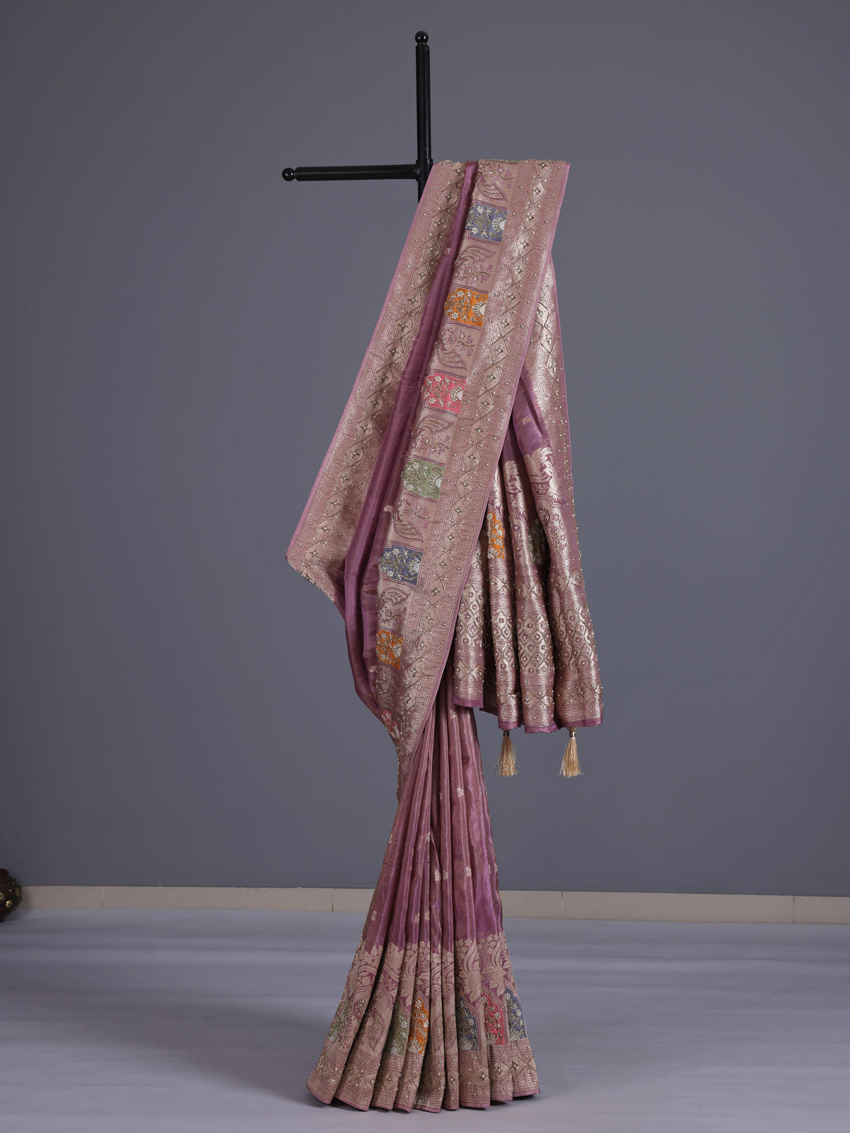 Mauve purple silk saree with rich peacock motif detailing
