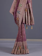 Mauve purple silk saree with rich peacock motif detailing