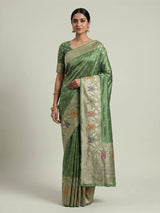 Pista green silk saree with elegant peacock motif embellishments