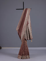 Chocolate brown silk saree with luxurious butti and tassels