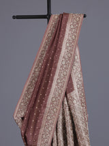Chocolate brown silk saree with luxurious butti and tassels