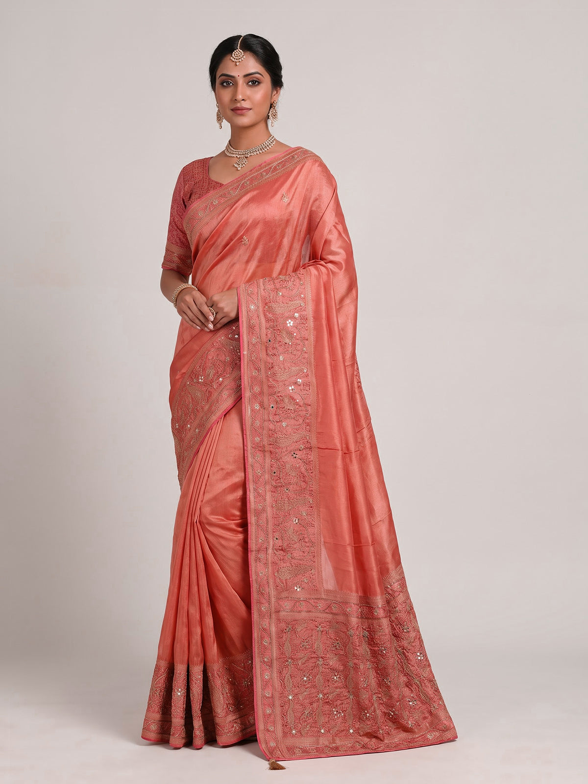 Gajari pink silk saree with stunning embellished pallu details