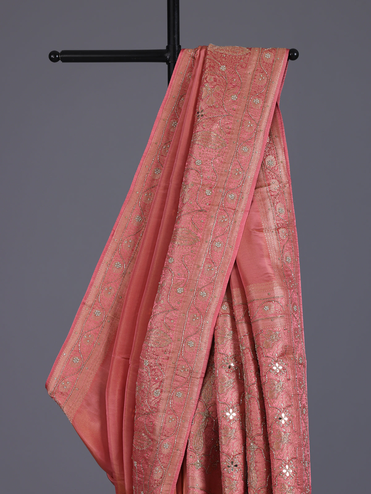 Gajari pink silk saree with stunning embellished pallu details