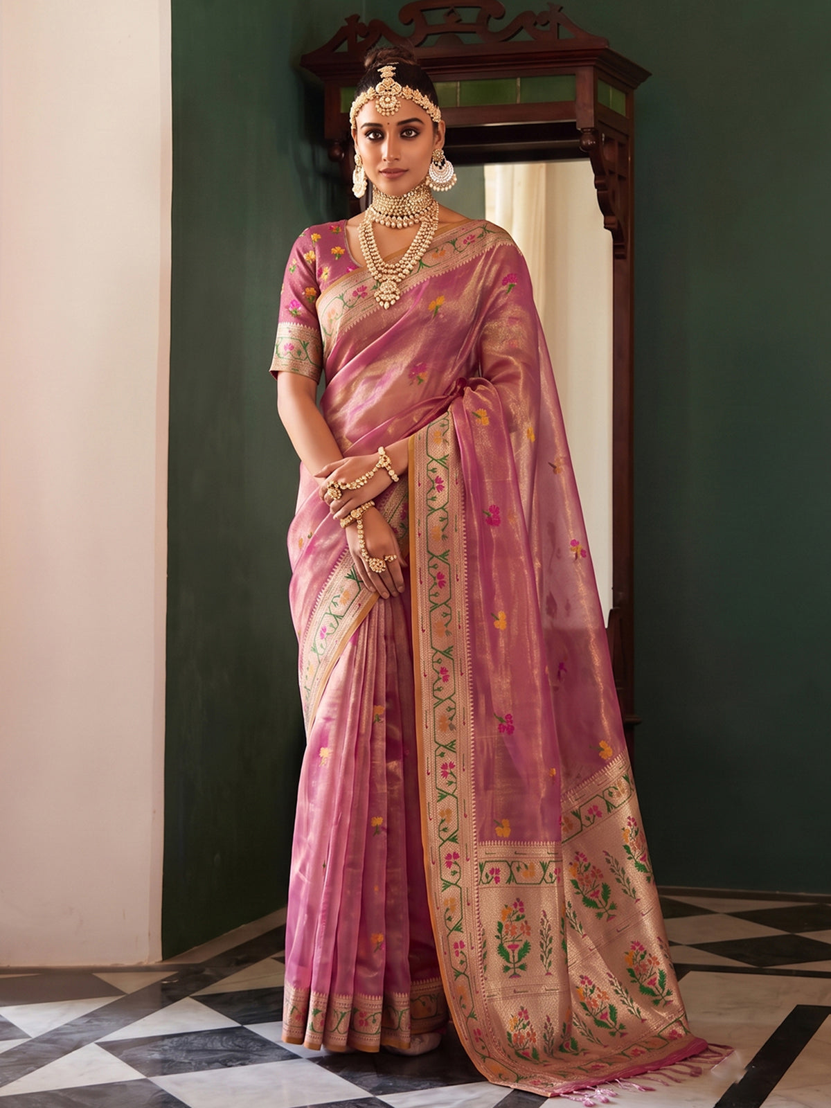 Onion pink regal tissue silk saree